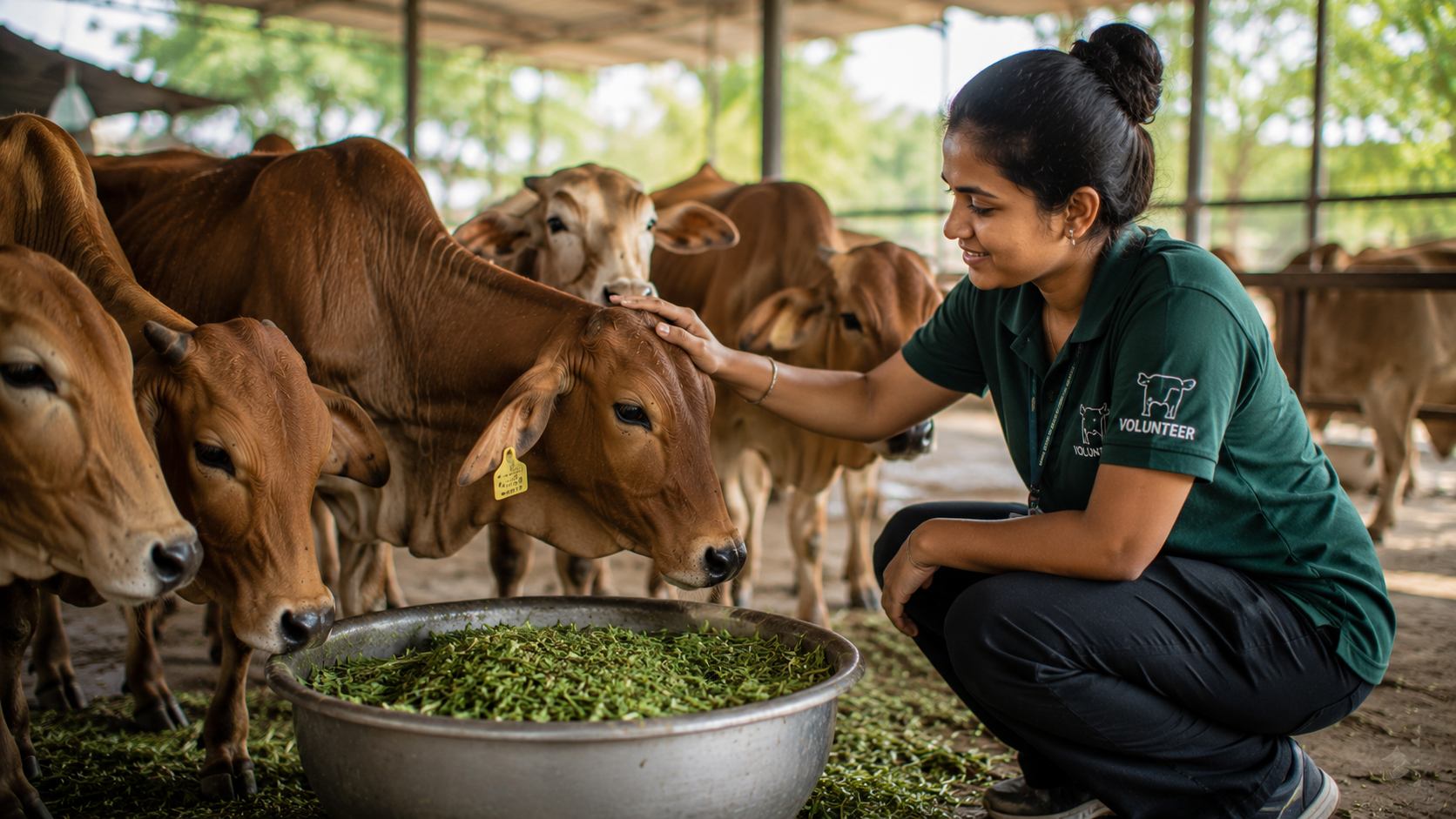 A volunteer caring for the cows
