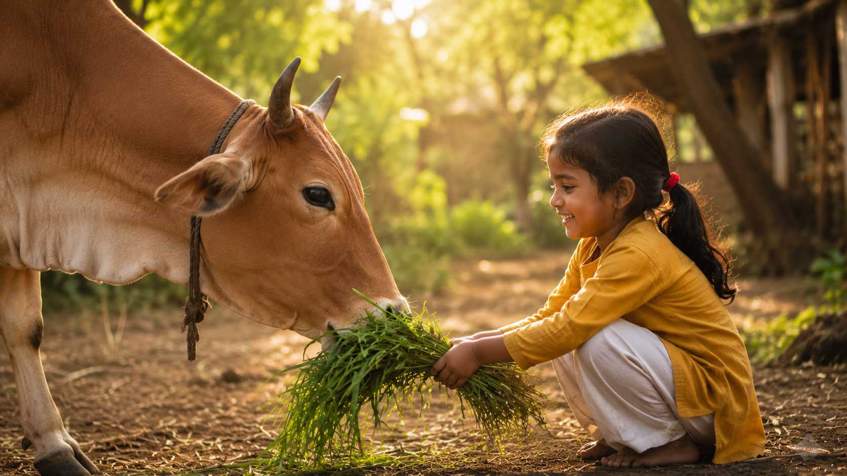 A volunteer feeding green fodder to a cow